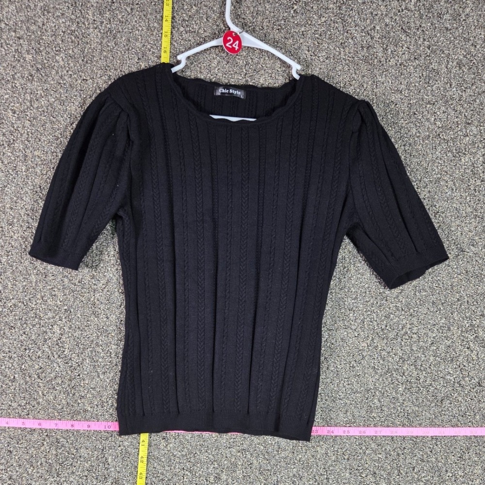 Chic Style Sweater Women Large Black Cable Knit Puff Sleeve Scalloped Neck